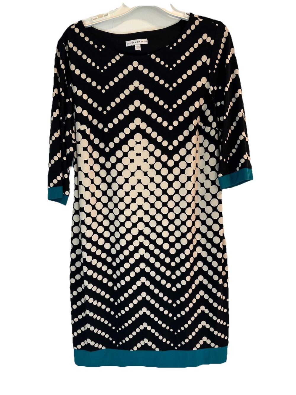 Shift Dress Geometric Print 3/4 Sleeve Collar Size 12 Black White Teal Easter